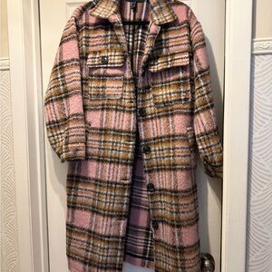 Forever 21 Pink and Brown Plaid Teddy Jacket